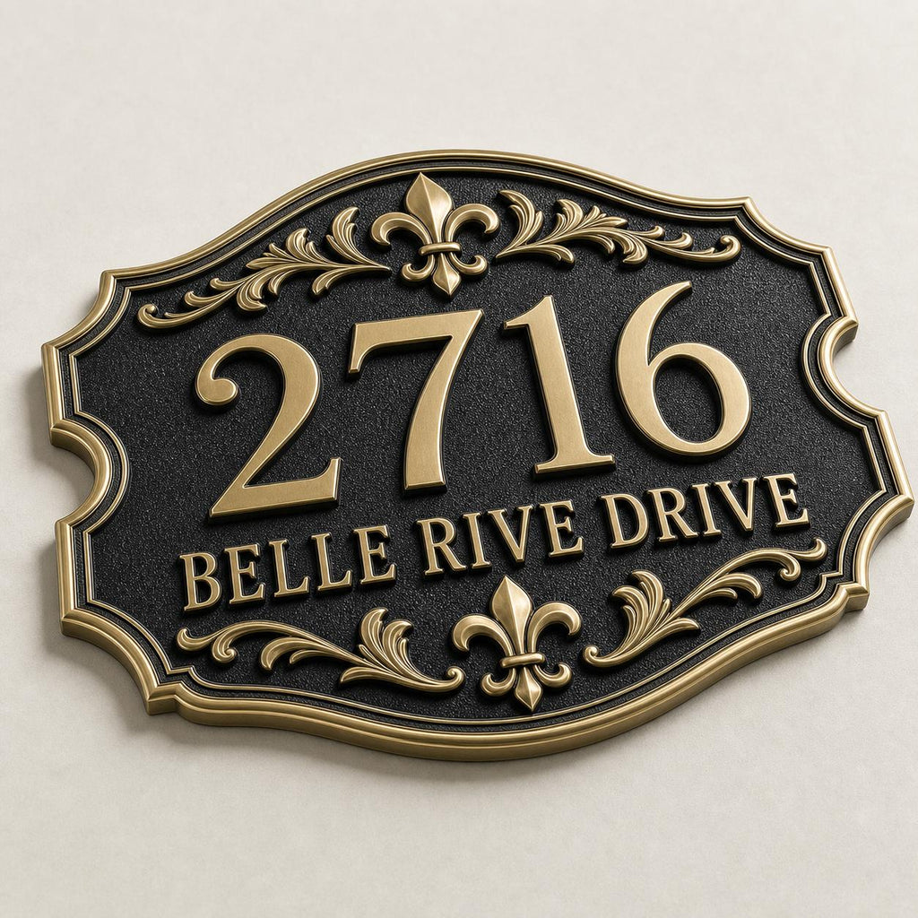 Personalized Address Plaque – Antique Brass Fleur-de-Lis Cartouche-1