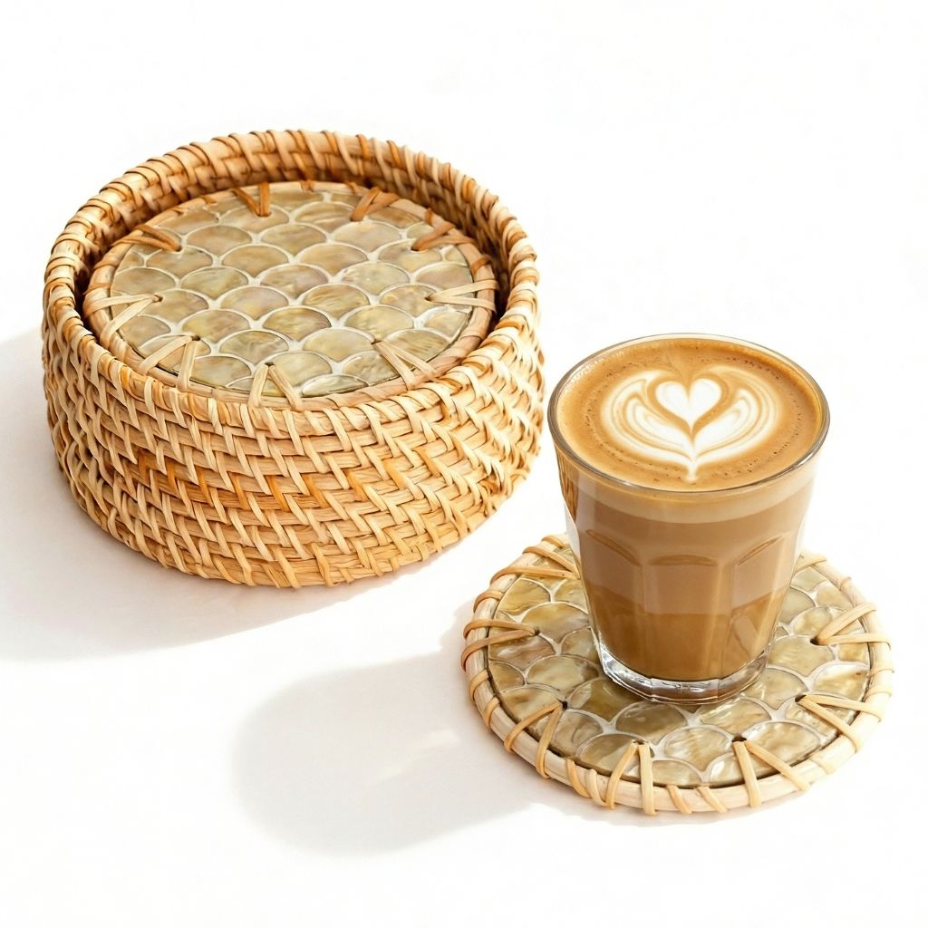Handmade Rattan & Mother of Pearl Coaster Set – 6 Piece
