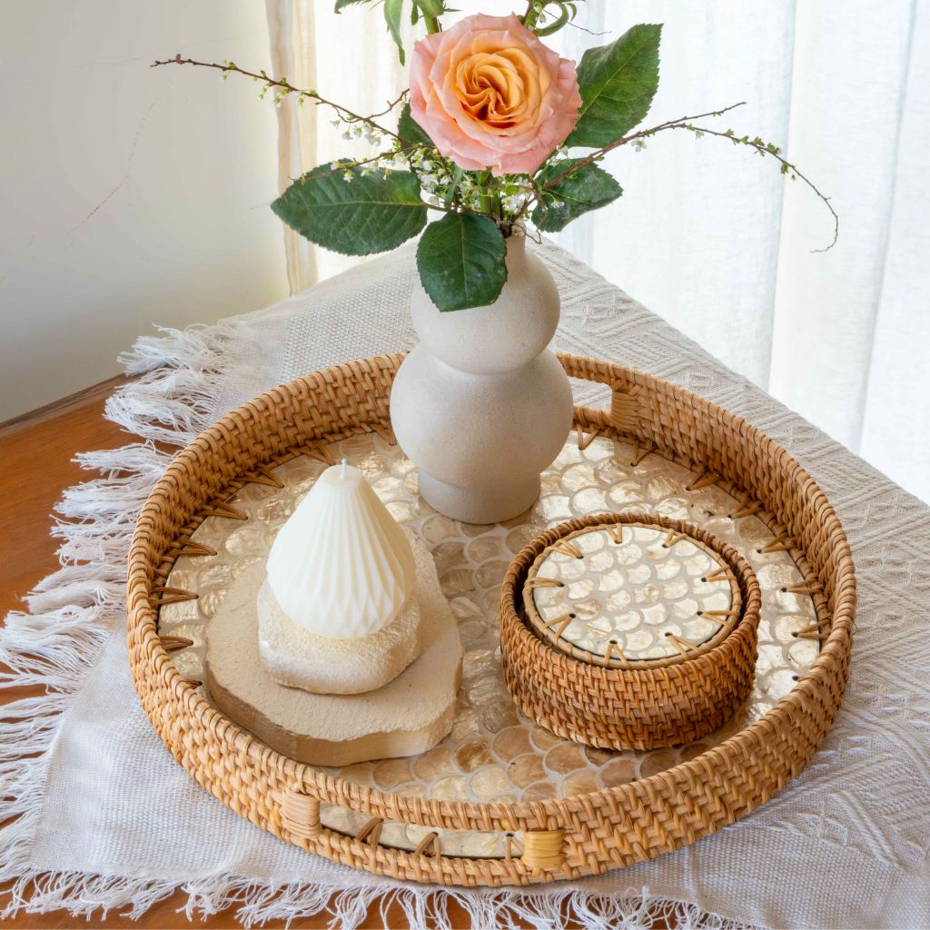 Handmade Rattan & Mother of Pearl Coaster Set – 6 Piece