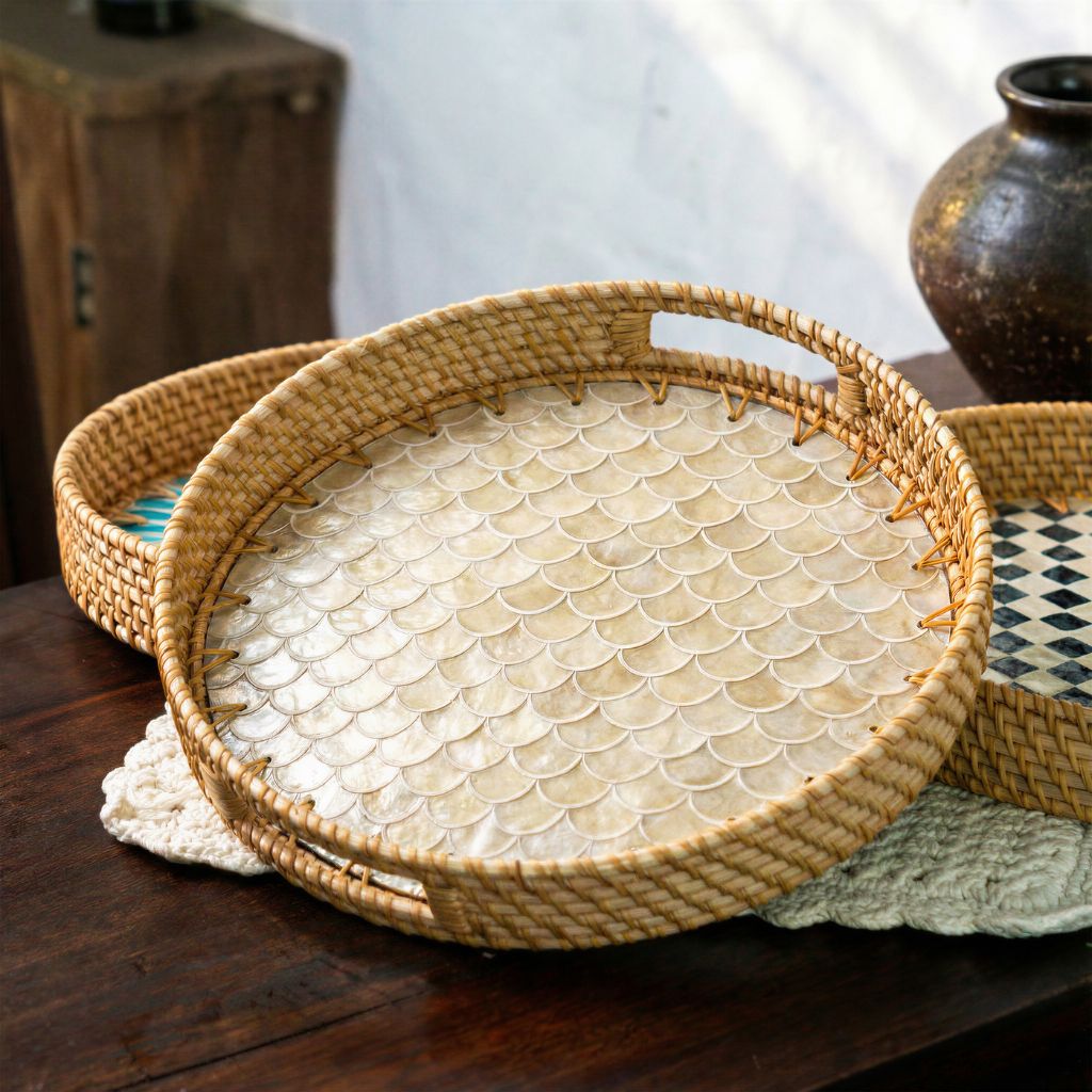 Rattan Trays • Mother of Pearl • Cascade Light (Multiple Sizes)
