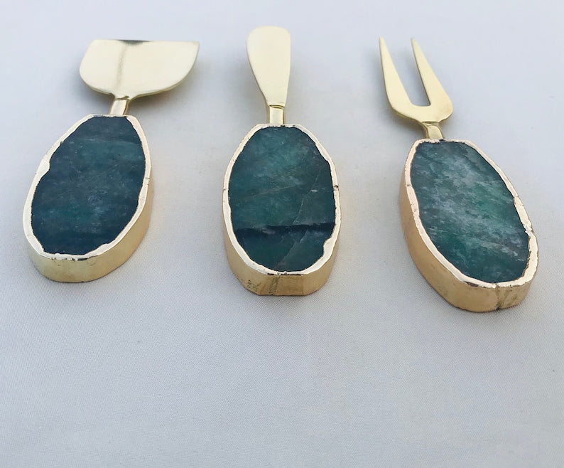 Set of 3 Green Agate Cheese Knives/Spreaders-3