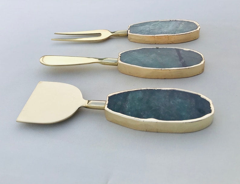 Set of 3 Green Agate Cheese Knives/Spreaders-1
