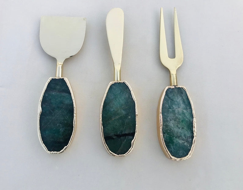 Set of 3 Green Agate Cheese Knives/Spreaders-0