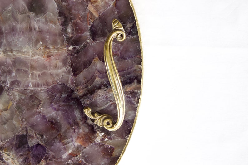 Amethyst Agate Round Serving Tray with Brass Handles