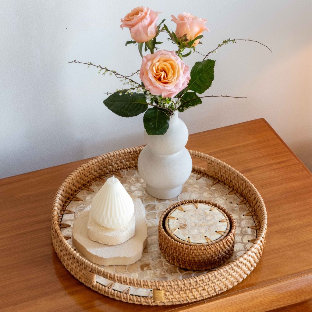 Rattan Trays • Mother of Pearl • Cascade Light (Multiple Sizes)