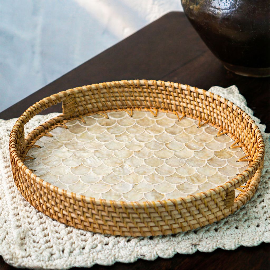 Rattan Trays • Mother of Pearl • Cascade Light (Multiple Sizes)